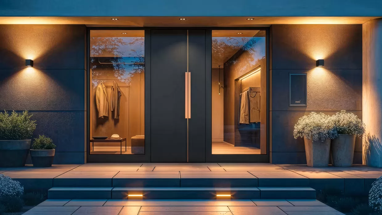 Moderne Kompotherm Haustür Tiefschwarz FS mit Applikation in Kupfer-Optik